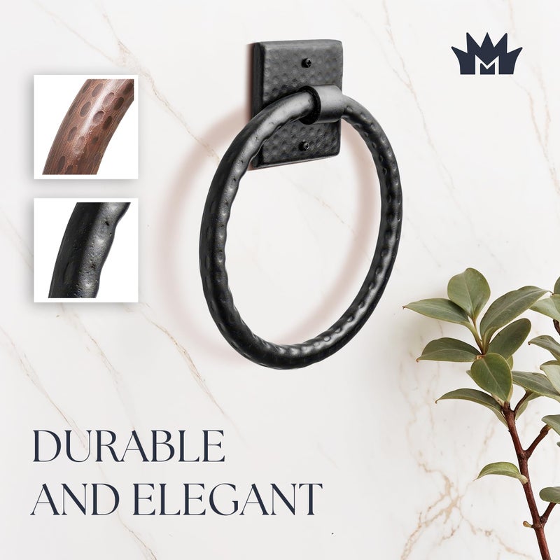 Monarch Abode Bathroom Towel Holder â€“ 7-Inch Round Matte Black Bathroom Hand Towel Holder for Bathrooms Wall, Metal Hand Hammered Towels Ring Wall Mount, Traditional Surface-Mounted Ring Hanger - Image 2